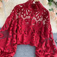 Seksowna koronkowa Hollow Out krótka bluzka Casual latarnia z długim rękawem stojak koszule kołnierzykowe kobiece eleganckie czerwone/różowe/białe luźne góra 2020 5